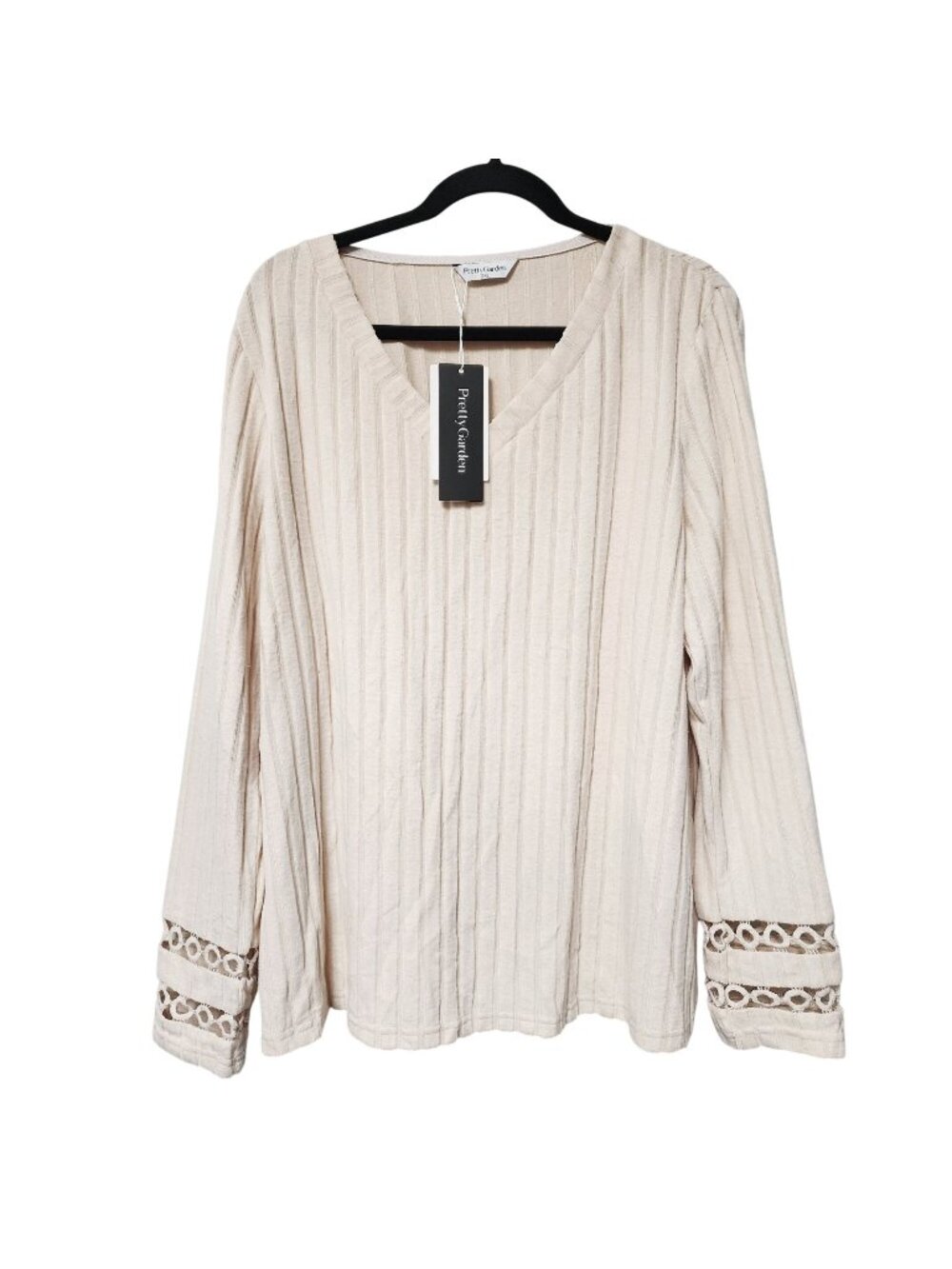 Prettygarden Womens Cream V-Neck Ribbed Long Sleeve Top Size XXL Crochet Sleeve